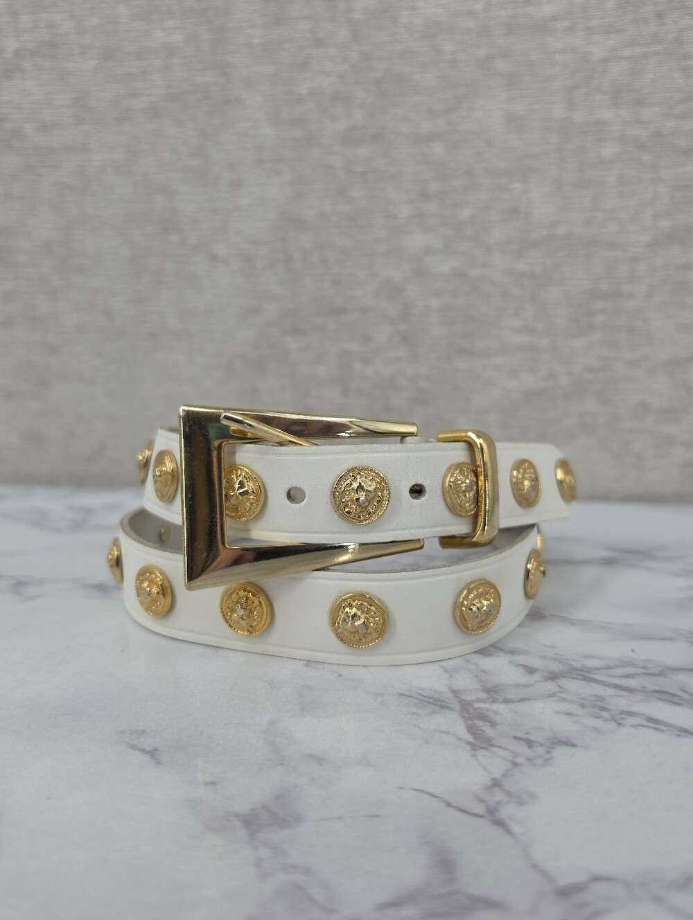 Vintage White Italian Leather Belt with Gold Tone Lion Head Medallion Studs